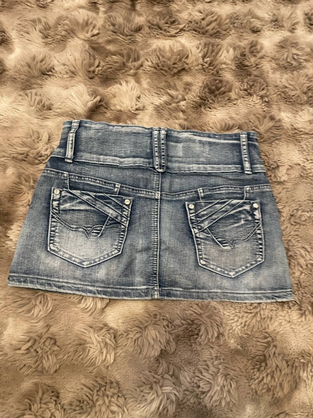 Y2K Faded Blue Denim Mini Skirt with Triple Button Waist - Picture 2 of 3